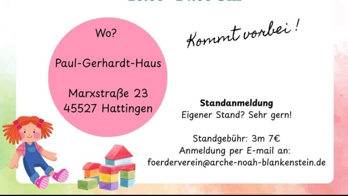 Ein buntes Plakat, das für einen Kinderflohmarkt in Wolper am 28. Februar 2026 von 10:00 bis 14:00 Uhr wirbt.