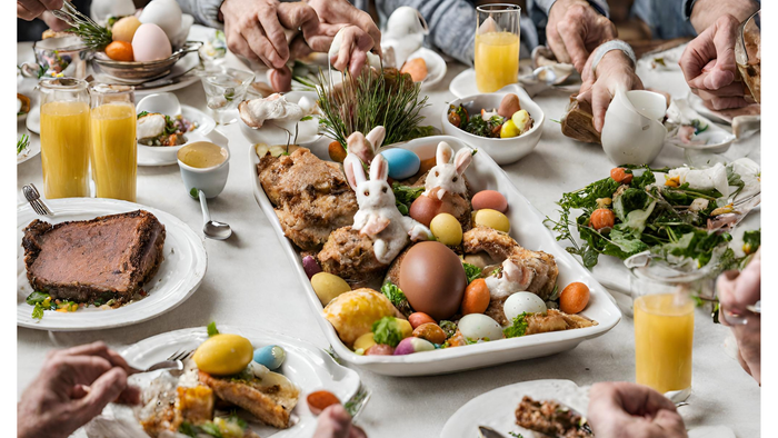 En festlig middag med familien, hvor der serveres forskellige retter og drikke.