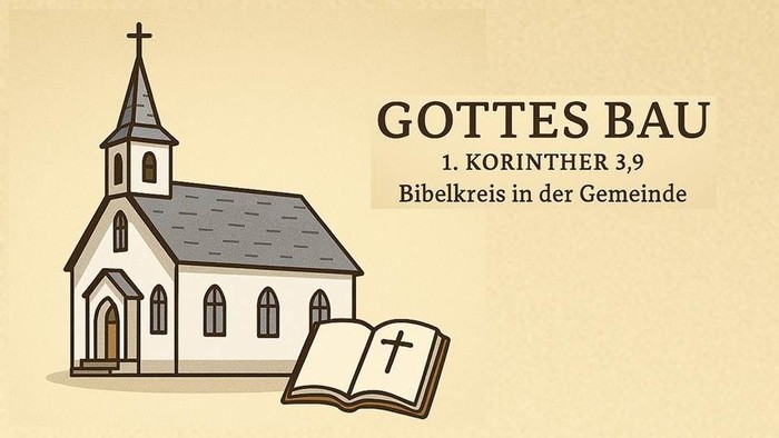 Kirche mit Bibel, Unterschrift: Gottes Bau, 1. Korinther 3,9, Bibelkreis in der Gemeinde