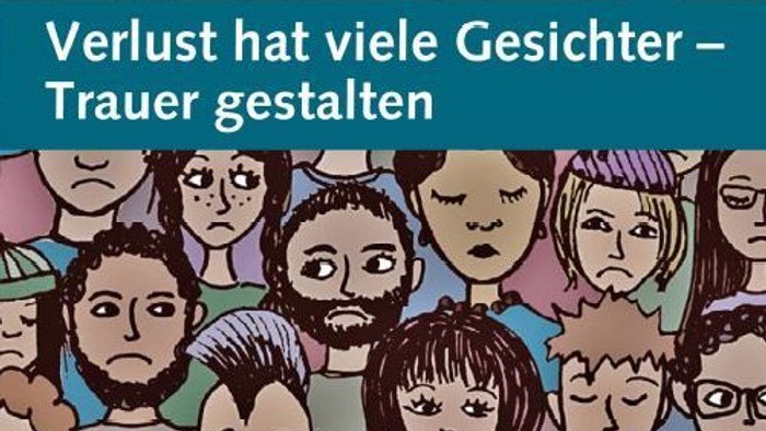 Bunte Illustration verschiedener Gesichter, die Trauer ausdrücken, unter dem Titel über vielfältige Trauererfahrungen.