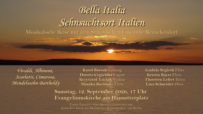 Plakat für ein musikalisches Konzert mit italienischem Thema, präsentiert vom Symphonischen Ensemble Reinickendorf mit Angaben zu den Künstlern und Veranstaltungsort.