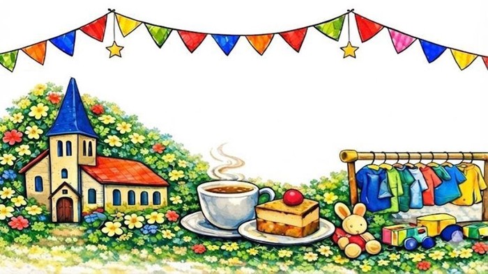 Zeichnung mit Kirche, Kaffeetasse, Kuchen, Spielzeug und Kinderkleidung