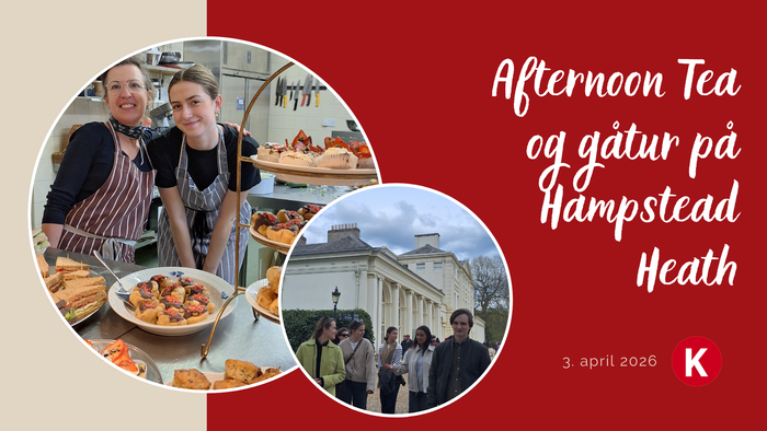 Reklameplakat for eftermiddagste og gåture på Hampstead Heath den 3. april 2026.