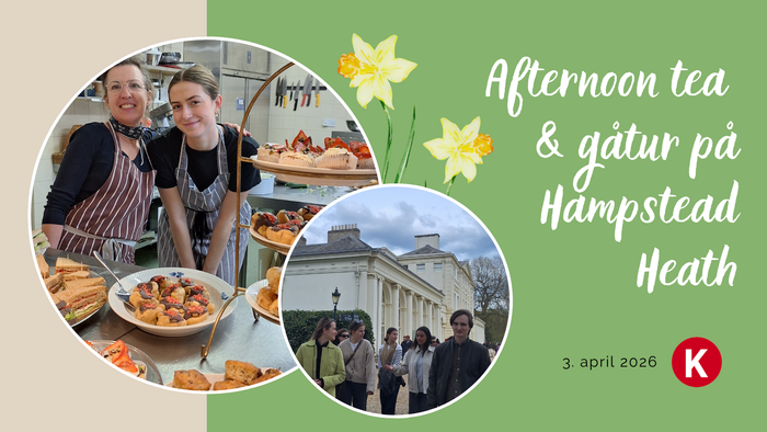 Plakat til reklame for eftermiddagste og guidet gåtur på Hampstead Heath den 3. april 2026.