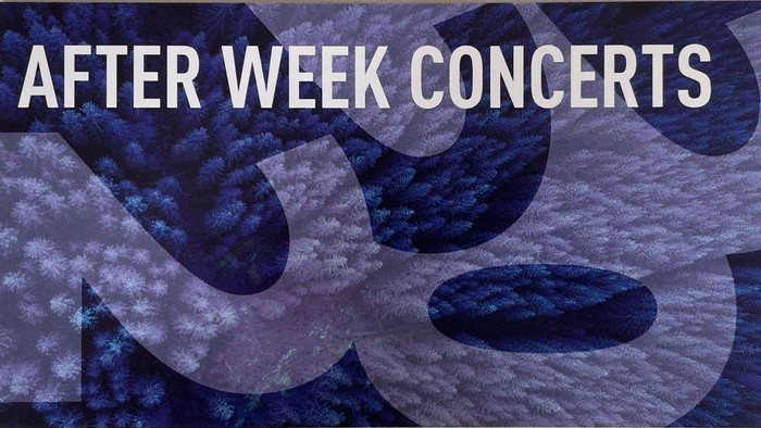 Das Bild zeigt eine abstrakte Darstellung mit blauen und weißen Formen und dem Text 