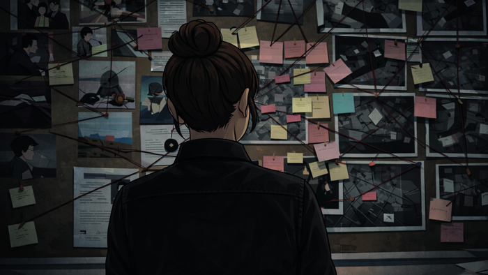 Eine Person betrachtet eine mit Fotos, Notizen und Haftnotizen bedeckte Wand in einem schwach beleuchteten Raum.