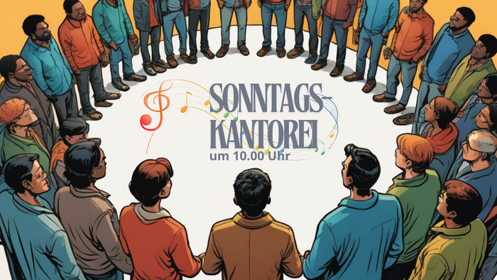 Eine Gruppe von Menschen steht im Kreis und singt gemeinsam, um 10:00 Uhr.