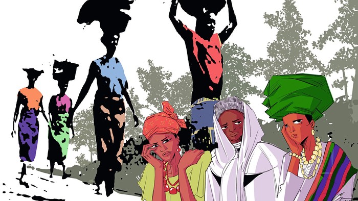 Illustration einer vielfältigen Gruppe von Menschen, die Gegenstände auf ihren Köpfen tragen und bunte Kleidung tragen.