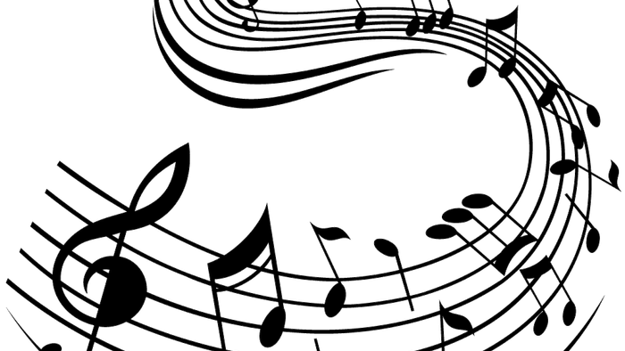 Billedet viser noter og musiske symboler i en cirkelformet mønster på sort baggrund