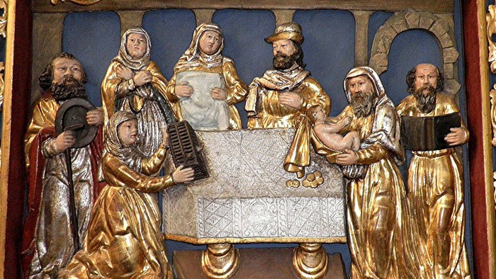 Die Darstellung zeigt eine religiöse Szene mit mehreren Figuren in traditioneller Kleidung.