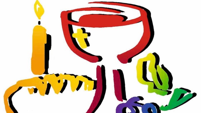 Bunte Illustration von Chanukka-Symbolen, darunter eine Kerze, ein Dreidel, ein Latke und eine Menora.