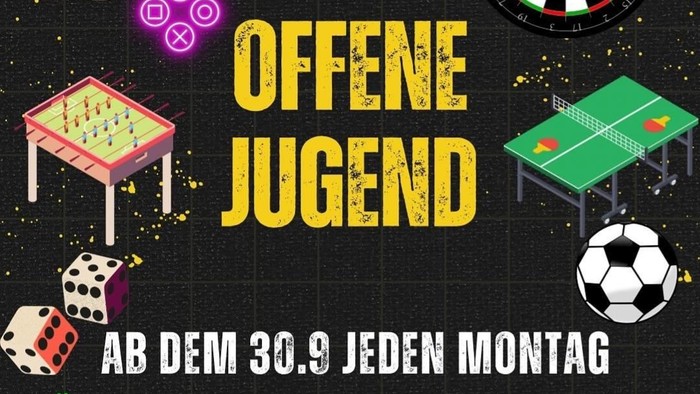 Plakat für eine offene Jugendveranstaltung mit wöchentlichen Aktivitäten wie Billard, Darts, Tischtennis und Würfelspielen für Jugendliche ab 14 Jahren – ab dem 30. September.