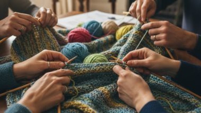 Mehrere Hände stricken zusammen eine Pullover