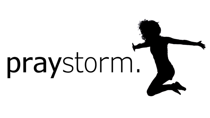 Logo mit der Silhouette einer fröhlich springenden Figur und dem Wort „praystorm“ darunter.