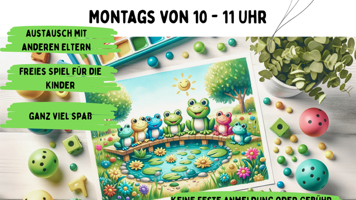 Ein buntes Plakat wirbt für eine kostenlose Spielgruppe für Babys im Pfarrsaal, montags von 10 bis 11 Uhr.