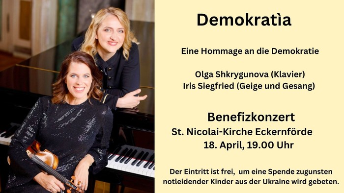 Iris Siegfried (Geige) und Olga Shkrygunova (Klavier) sind zu sehen - dazu Angaben zum Benefizkonzert