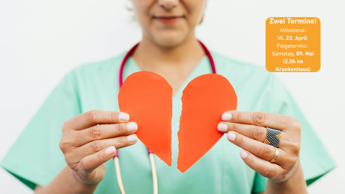 Ein Gesundheitsfachkraft hält ein gebrochenes Herz, das zwei bevorstehende Krankenhaus-Informationsveranstaltungen an bestimmten Terminen symbolisiert.