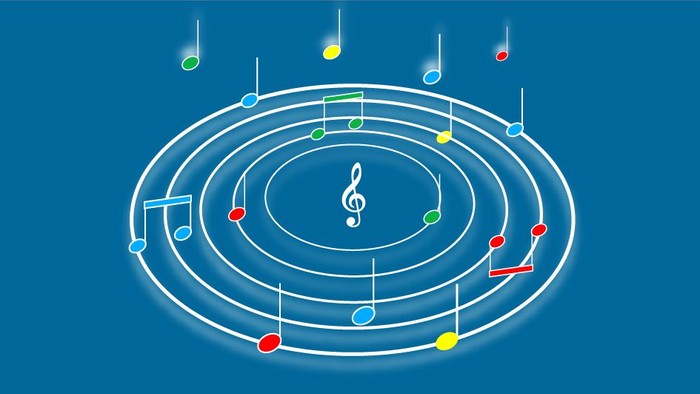 Das Bild zeigt musikalische Noten und Symbole in einem kreisförmigen Muster vor blauem Hintergrund.