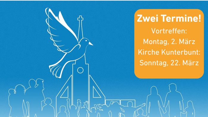 Veranstaltungsankündigung für zwei Kirchenversammlungen am 2. und 22. März mit einer Tauben- und Menschenmengen-Illustration.