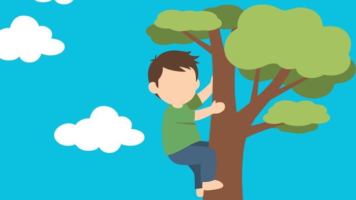 Illustration eines Kindes, das auf einen Baum klettert, mit Veranstaltungsdetails und biblischem Bezug *„Zachäus klettert und sieht die Welt“*