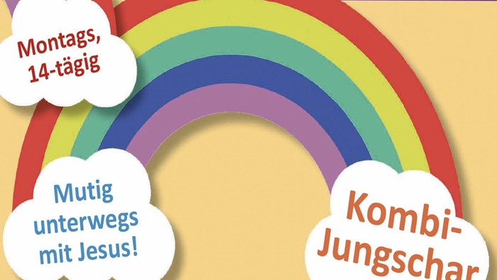 Regenbogen mit deutschem Text: *„14 Tage“*, *„Mutig unterwegs mit Jesus!“*, *„Kombi-Jungschar“*