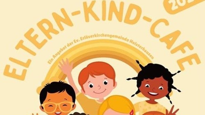 Fröhliches 2026 Eltern-Kind-Café-Plakat mit verschiedenen Kindern, Regenbogenbogen und Text.