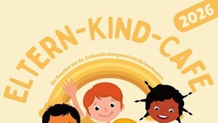 Fröhliches 2026 Eltern-Kind-Café-Plakat mit verschiedenen Kindern, Regenbogenbogen und Text.