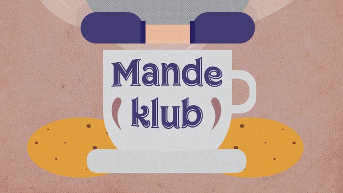 En tegnede mand med beret sidder i en teglæssetåge med teksten