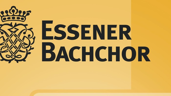 Logo für den Essener Bachchor, eine Chorgruppe mit einem dekorativen Wappen und Text auf gelbem Hintergrund.