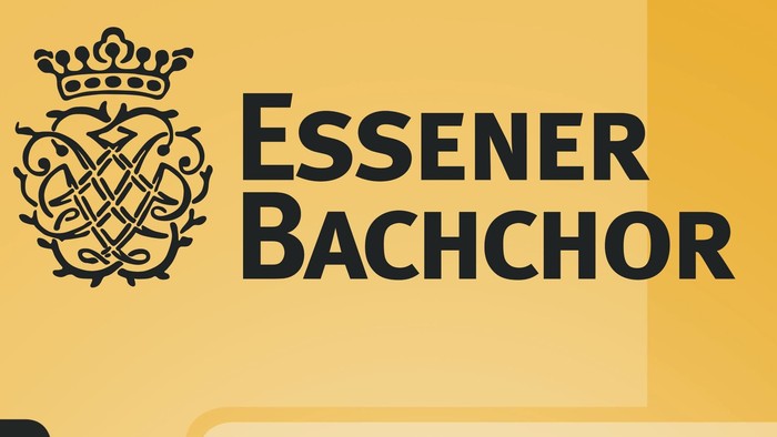 Logo für den Essener Bachchor, eine Chorgruppe mit einem dekorativen Wappen und Text auf gelbem Hintergrund.