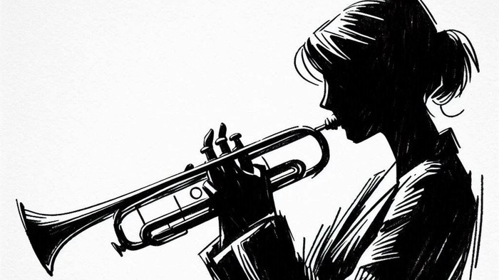 Eine Frau, die Trompete spielt, als Silhouette dargestellt.