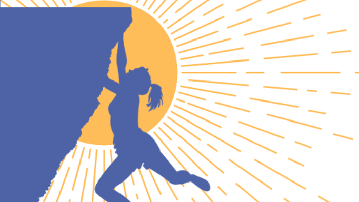 Werbliche Grafik, die zum Klettertreff Dresden Süd einlädt – mit der Silhouette einer Kletterin/eines Kletterers.