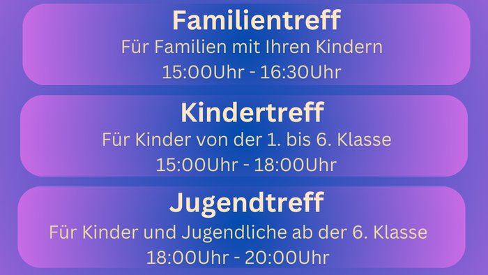 Flyer für verschiedene Treffen in Köln, darunter Familientreff, Kindertreff und Jugendtreff mit Zeitangaben und Adresse