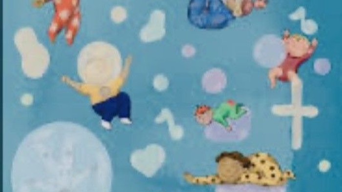 Lunefulde tegneseriefigurer, der svæver glædesfyldt på farverige skyer og bobler i en drømmende himmel.