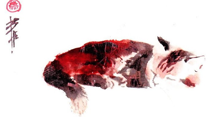 Das Bild zeigt eine abstrakte Darstellung eines Fisches in Rot- und Schwarztönen.