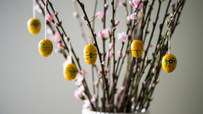 En vase med blomstrende grene og gule æg.