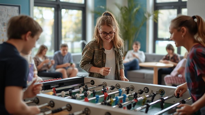 Eine Gruppe von Menschen, die in einem modernen, geselligen Büro ein lebhaftes Tischfußballspiel genießt.