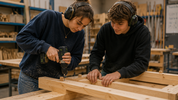 Menschen bauen etwas mit Schrauben zusammen.