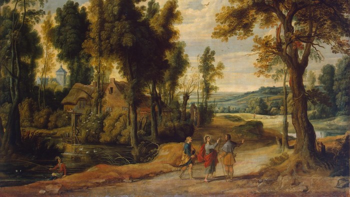 Landligt landskab med rejsende, der går nær en flodbredlandsby og en frodig skov.