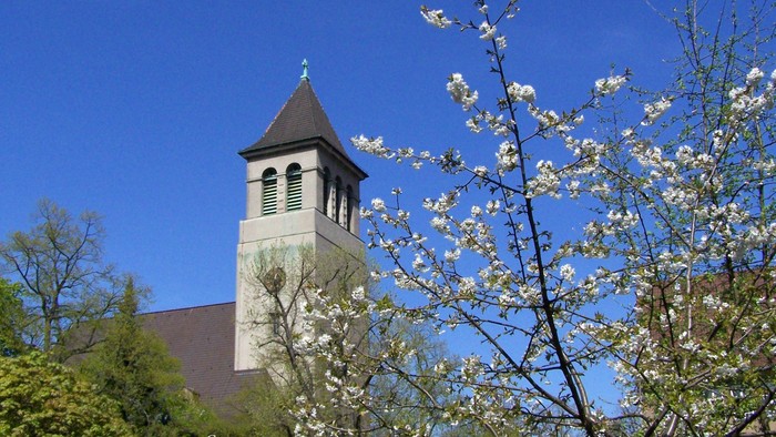 Kirchturm mit Uhr und blühendem Baum vor blauem Himmel