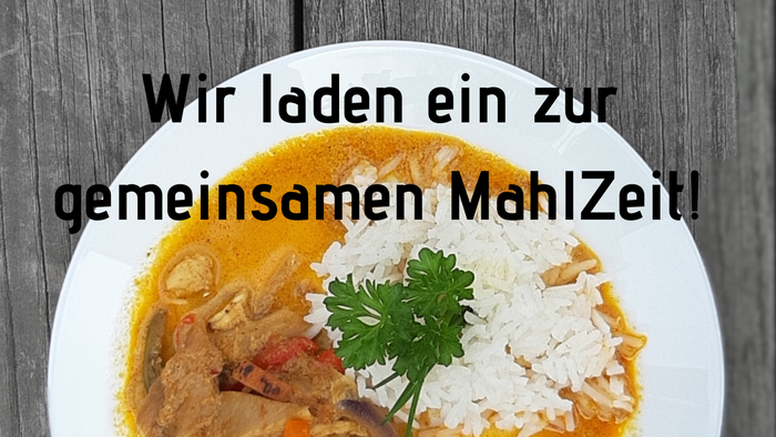 Ein Teller mit Reis, Fleisch und Gemüse, dazu ein Spruch in Deutsch