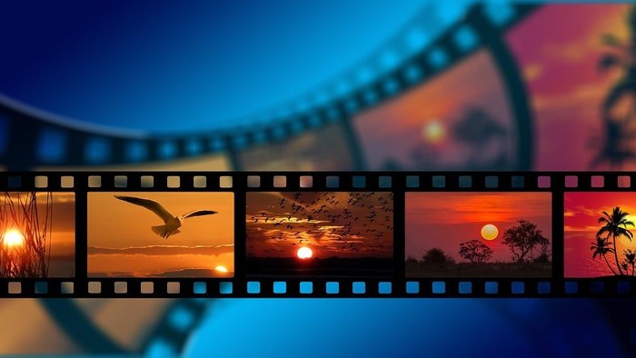 Filmstreifen mit verschiedenen Sonnenuntergangsszenen, Vögeln und Palmen.