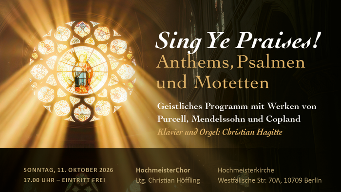 Ein Konzertplakat für ein spirituelles Programm mit Hymnen, Psalmen und Motetten von Purcell, Mendelssohn und Copland am 11. Oktober 2026.