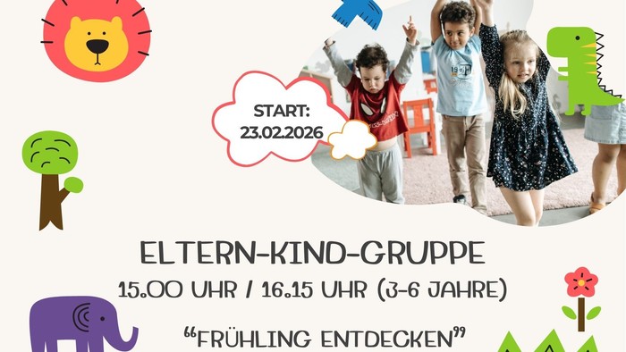 Plakat für eine Eltern-Kind-Gruppen-Veranstaltung zum Thema Frühling für Kinder von 3 bis 6 Jahren, beginnend am 23. Februar 2026.
