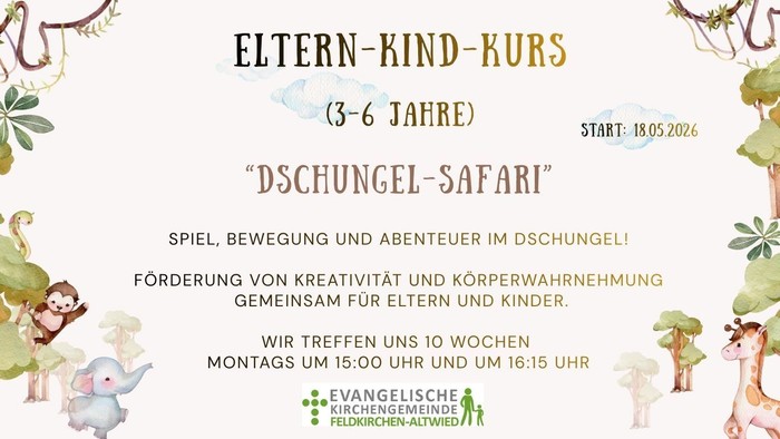 Eltern-Kind-Dschungelsafari-Kurs für Kinder von 3 bis 6 Jahren, der Kreativität und Körperwahrnehmung durch Spiel und Abenteuer fördert.
