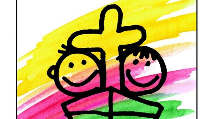 Buntes Kinderbild mit zwei lächelnden Gesichtern in einem Boot vor einem Regenbogenhintergrund und dem Text *„Kirche mit Kindern“* darunter.