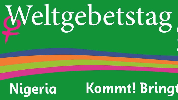 Werbeplakat für den Weltgebetstag in Nigeria am 6. März 2026 mit einem Regenbogen und religiösen Symbolen