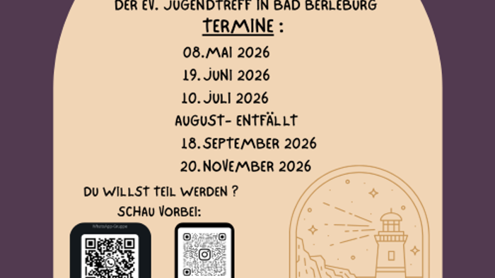 Veranstaltungsflyer für das Jugendtreffen „Lichtpunkt“ in Bad Berleburg mit geplanten Terminen und QR-Codes für den Gruppen-Zugang.