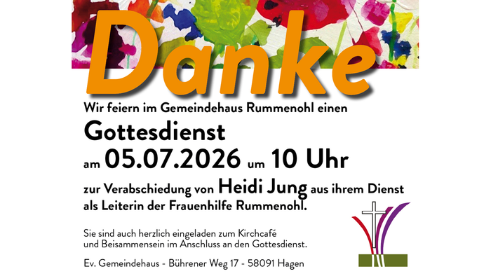 Einladungsplakat für einen Abschiedsgottesdienst zu Ehren von Heidi Jung mit farbenfroher Blumenkunst und Gottesdienstdetails.