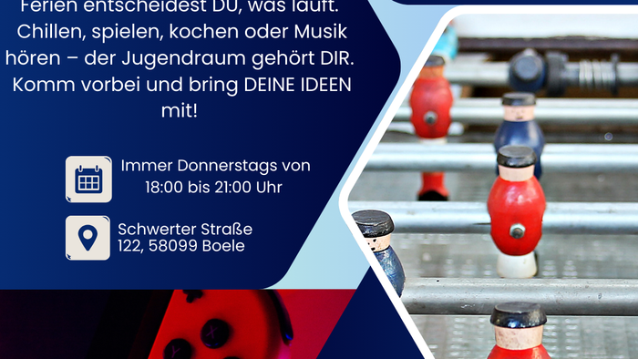 Dies ist der Flyer für den Treff am Donnerstag. Jeden Donnerstag treffen ich Jugendliche ab 12 Jahren im Melanchton - Gemeindehaus (Schwerter Straße 122, 58099 Hagen). Start ist um 18 Uhr und um 21 Uhr schließen die Türen. Dazwischen können die Jugendlich